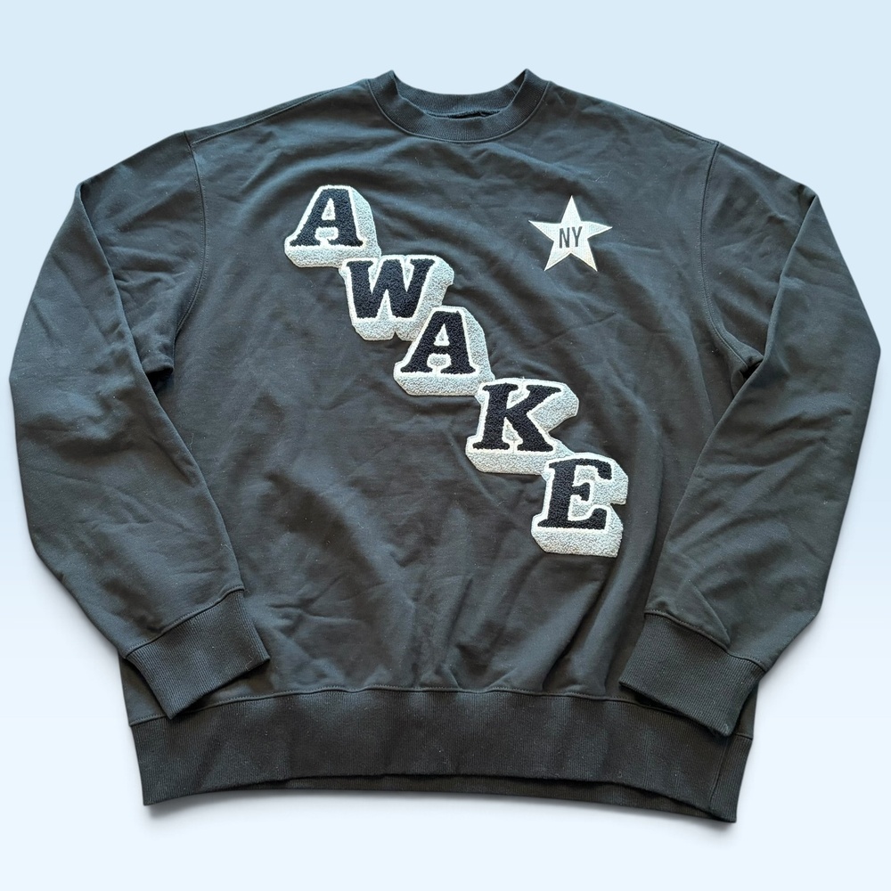 Awake New York Sweatshirt Mens Large Black Fleece Crewneck Pullover Chenille